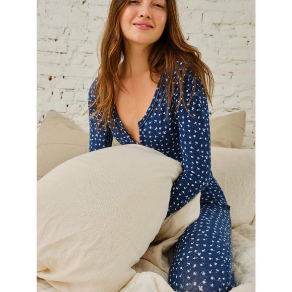 Free People Intimately Disty Floral Navy Blue Home Alone Long Johns - Picture 4 of 5
